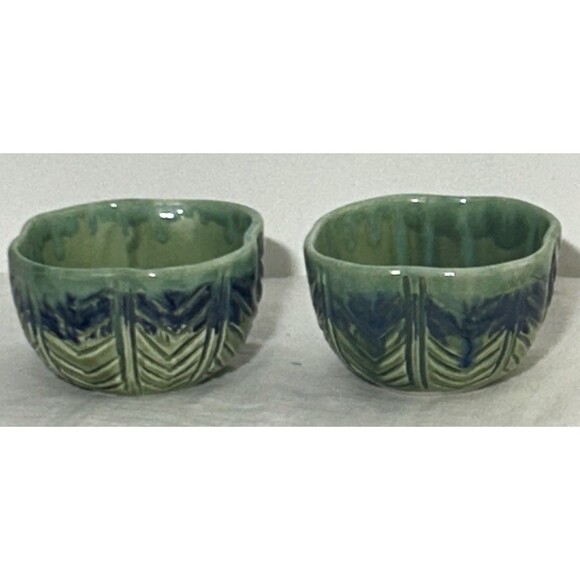 Set of 2 Handpainted Mancer Drip Glaze Green & Blue Dishes Bowls Made In Italy - Picture 1 of 4